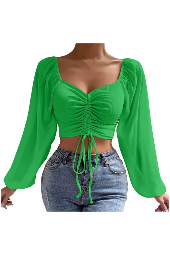 Women Ruched Tie Front Square Neck Long Sleeve Crop Tops Blouse Fashion Casual Party Vacation Beach Slim Mesh Drawstring Top, Green M