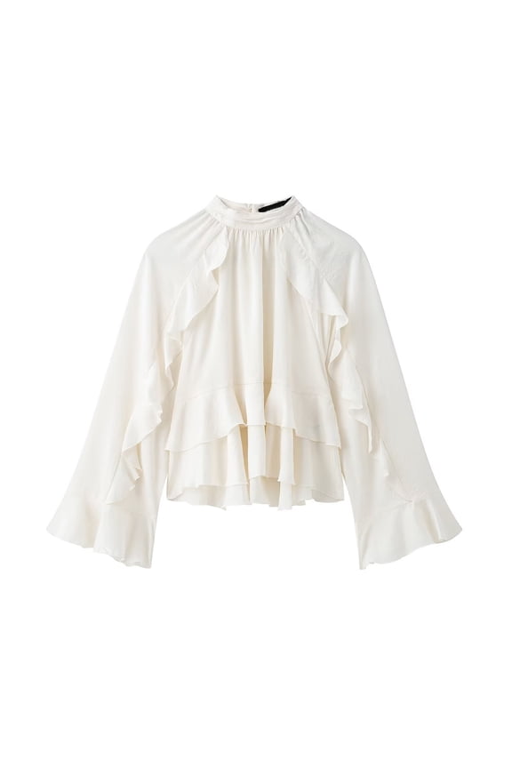 Women Ruffle High Neck Long Sleeve Solid Elegant Party Cocktail Wedding Guest Loose Tops Blouse Casual Layered Top, White L
