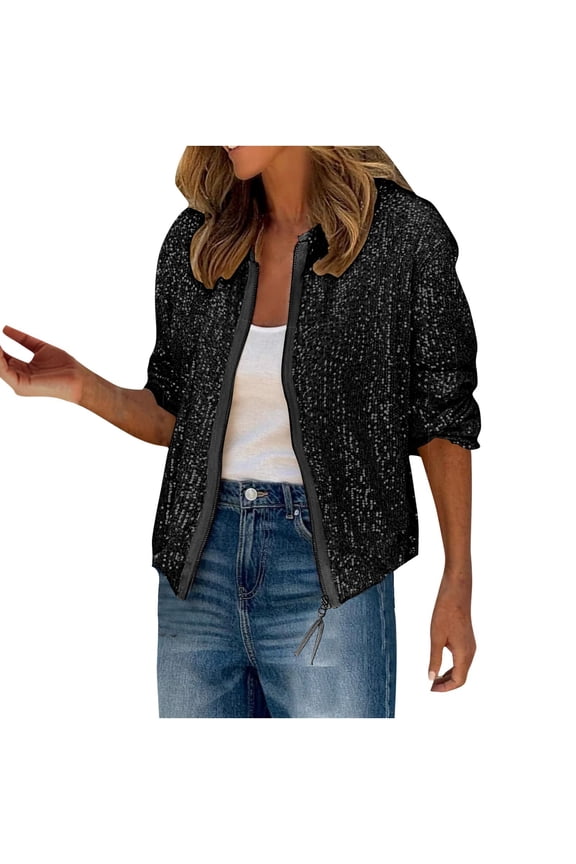 Women Sequin Jacket Party Night Out Club Cocktail Dressy Zip Crew Neck 3/4 Sleeve Loose Solid Sequin Jacket, Black S