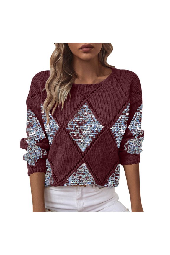 Women Sequins Knitted Round Neck Long Sleeve Geometric Casual Fashion Party Holiday Loose Sweater, Red XXL