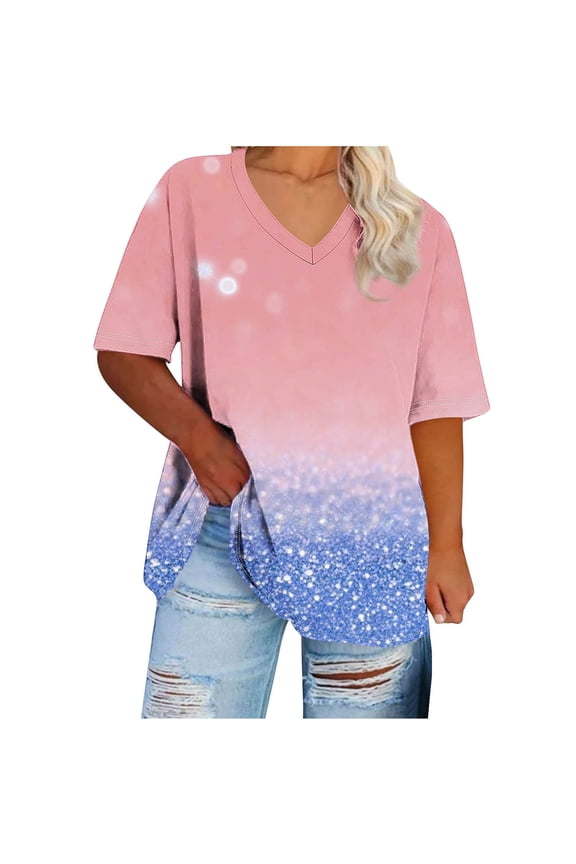 Crgrtght Women T Shirt Plus Size Tops for Women Casual Bling Shirts for Women Printed V-Neck Short-Sleeved Top Oversized Tshirts for Women Dressy