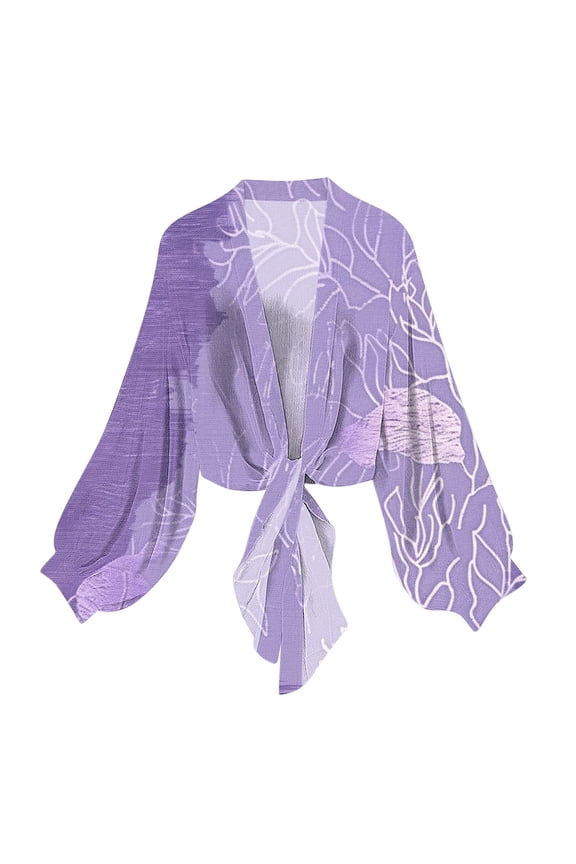 Women Wrap O Neck Long Sleeve Floral Boho Casual Vacation Beach Loose Tops Kimono Cardigan, XL