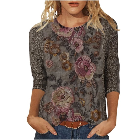 Crgrtght Women's Clothes Fashion Prints Round Neck 3/4 Sleeve Tops for Women Elbow Sleeve Tops Women Plus Size 3/4 Sleeve Tops for Women