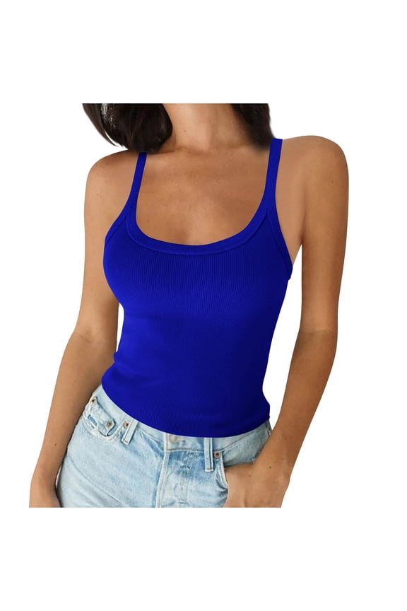 Women's Sleeveless Tank Tops Summer Crop Tops Slim Fit U-Neck Ribbed Spaghetti Strap Basic Casual Workout Tanks, Blue M
