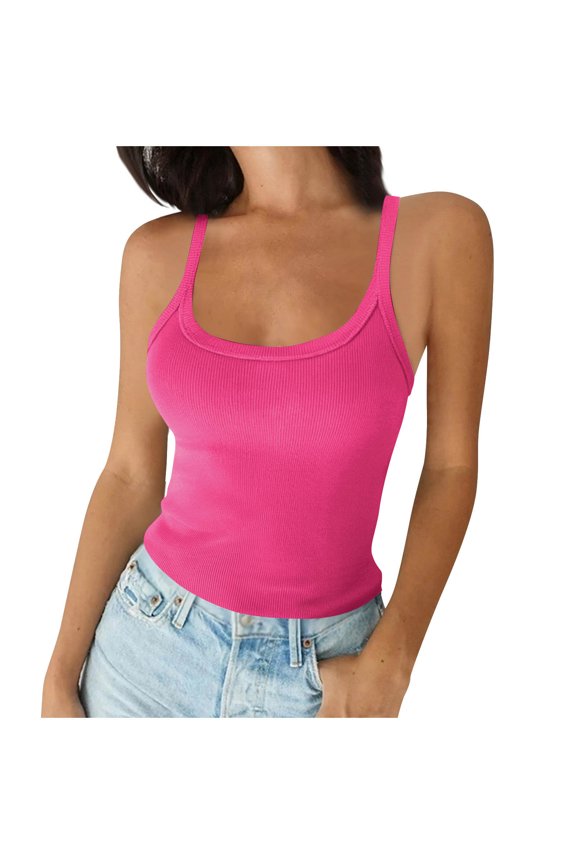Women's Sleeveless Tank Tops Summer Crop Tops Slim Fit U-Neck Ribbed Spaghetti Strap Basic Casual Workout Tanks, Hot Pink S