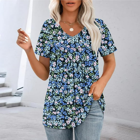 Crgrtght Women's Tops Dressy Casual Loose Blouses Pleated Floral Solid Short Sleeve Tops Trendy V Neck Shirts