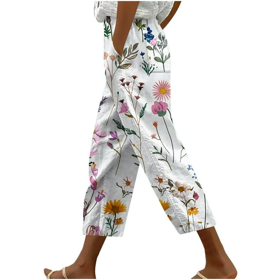 Crgrtght Womens Summer Pants Cropped Pants High Waisted Boho Beach Pants Drawstring Capris Pants with Pockets Wide Leg Vintage Printed Bohemian Capris Trousers Floral Pants for Women