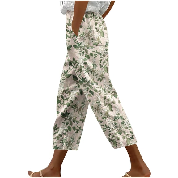 Crgrtght Womens Summer Pants Cropped Pants High Waisted Boho Beach Pants Drawstring Capris Pants with Pockets Wide Leg Vintage Printed Bohemian Capris Trousers Floral Pants for Women