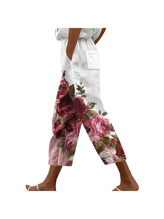 Crgrtght Womens Summer Pants Cropped Pants High Waisted Boho Beach Pants Drawstring Capris Pants with Pockets Wide Leg Vintage Printed Bohemian Capris Trousers Floral Pants for Women