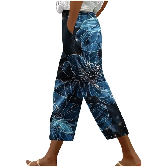 Crgrtght Womens Summer Pants Cropped Pants High Waisted Boho Beach Pants Drawstring Capris Pants with Pockets Wide Leg Vintage Printed Bohemian Capris Trousers Floral Pants for Women