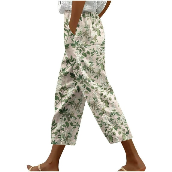 Crgrtght Womens Summer Pants Cropped Pants High Waisted Boho Beach Pants Drawstring Capris Pants with Pockets Wide Leg Vintage Printed Bohemian Capris Trousers Floral Pants for Women