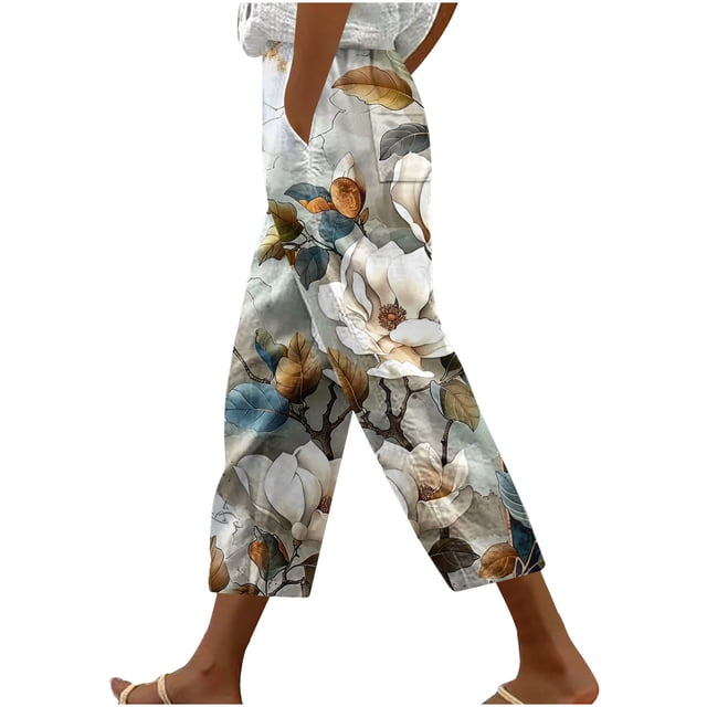 Crgrtght Womens Summer Pants Cropped Pants High Waisted Boho Beach Pants Drawstring Capris Pants with Pockets Wide Leg Vintage Printed Bohemian Capris Trousers Floral Pants for Women