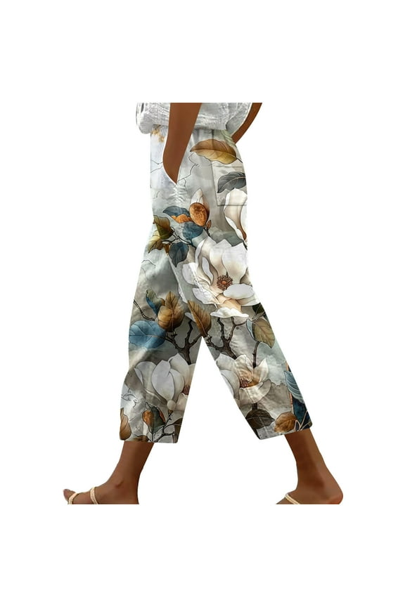 Crgrtght Womens Summer Pants Cropped Pants High Waisted Boho Beach Pants Drawstring Capris Pants with Pockets Wide Leg Vintage Printed Bohemian Capris Trousers Floral Pants for Women