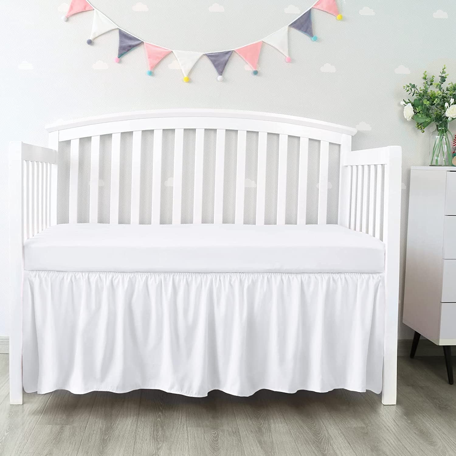 Crib Bed Skirt 28” x 52” with 14” Drop Pleated Dust Ruffle for Baby Boys Girls Elastic Adjustable Fit Toddler Bedskirt Easy On/Off Soft Nursery Standard Bedding Skirts Solid White