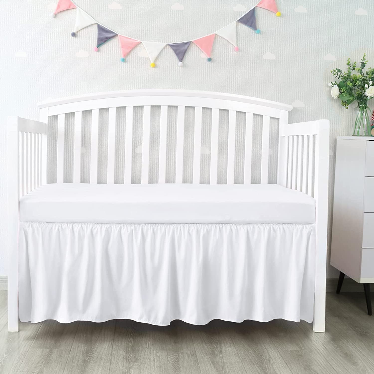 Crib Bed Skirt Grey Pleated with White Lovely Pompoms, Bedding Dust Ruffle for Boys, 14" Drop, Fit All Standard Crib Bed, Machine Wahable Crib Skirt
