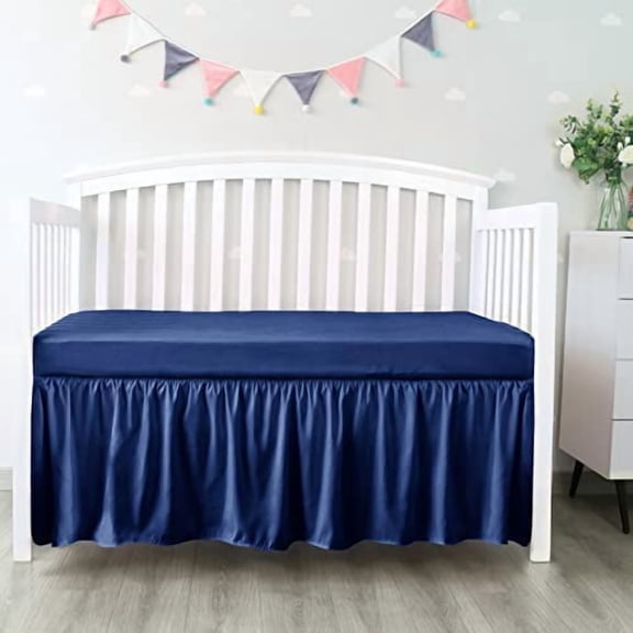 Crib Bed Skirt Navy 4 Sides Pleated Dust Ruffle Adjustable Fit Standard Crib Toddler Bed Skirts for Baby Boy or Baby Girl Crib Bedding, Navy Blue Crib Skirt Machine Wash