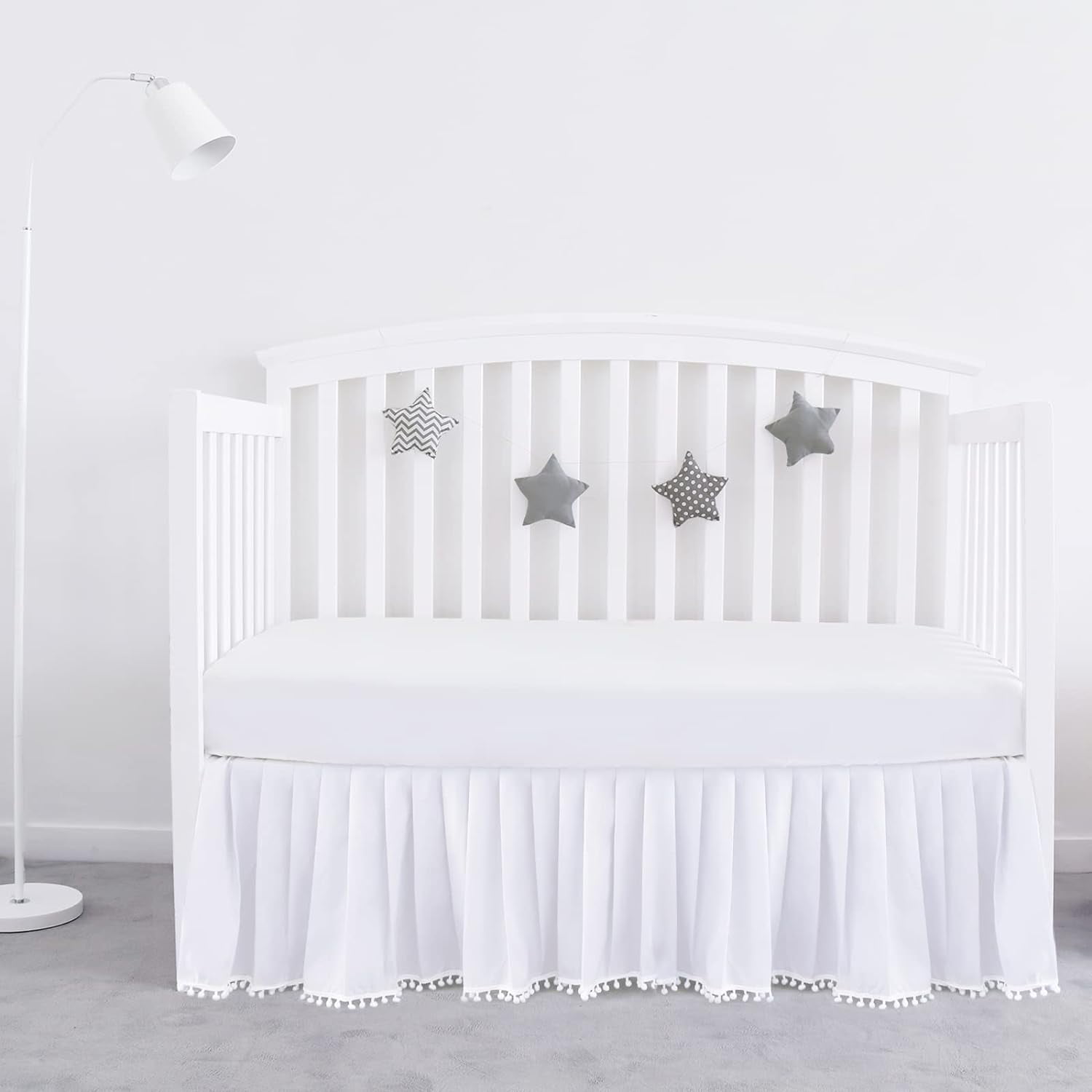 White Polyester Pleated Crib Bed Skirt with Tassel Pompoms