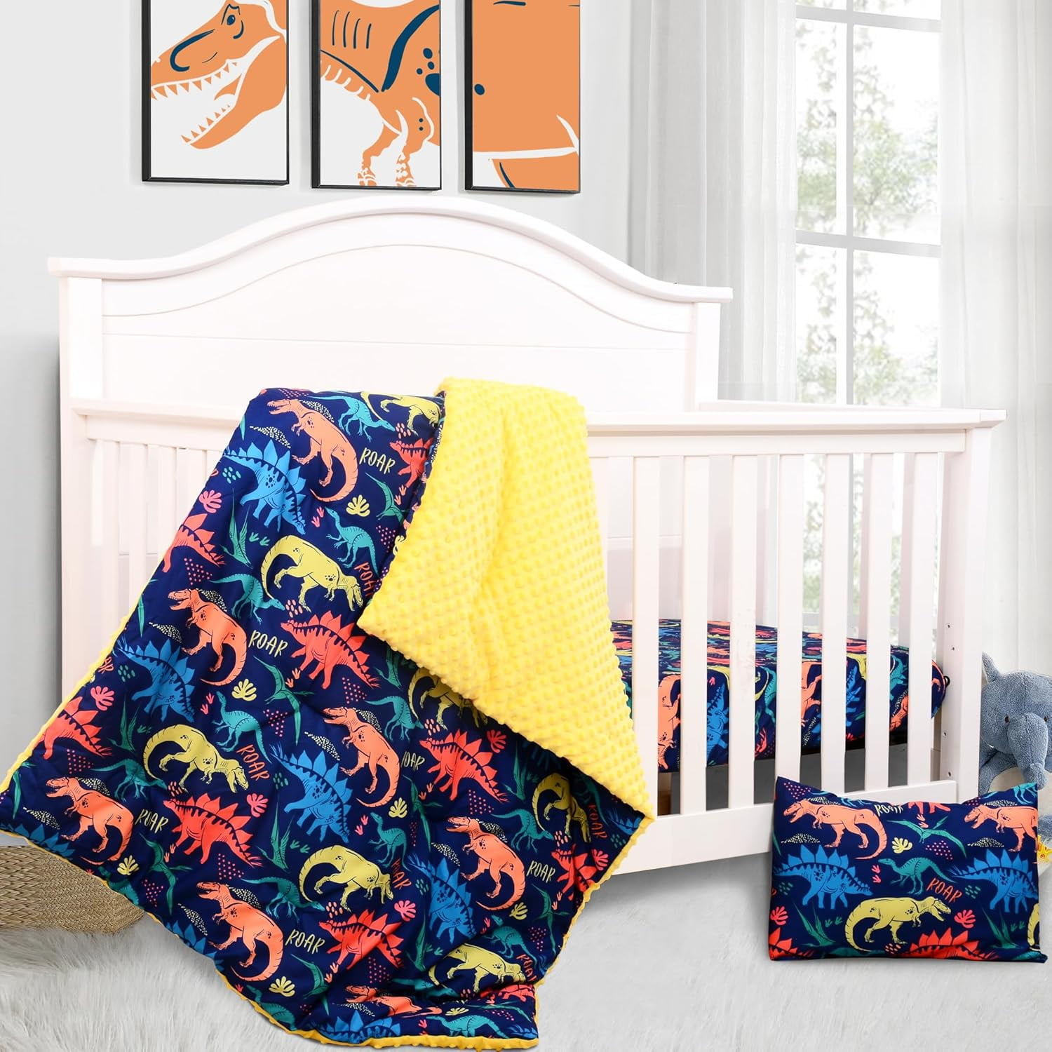 Crib Bedding Set for Boys Girls 3 Piece Dinosaur Baby Bedding Set - Soft Comforter Bed Set includes Quilt with Minky Dots Toddler Pillowcase Crib Sheet - Navy Nursery Bedding Set for Boys