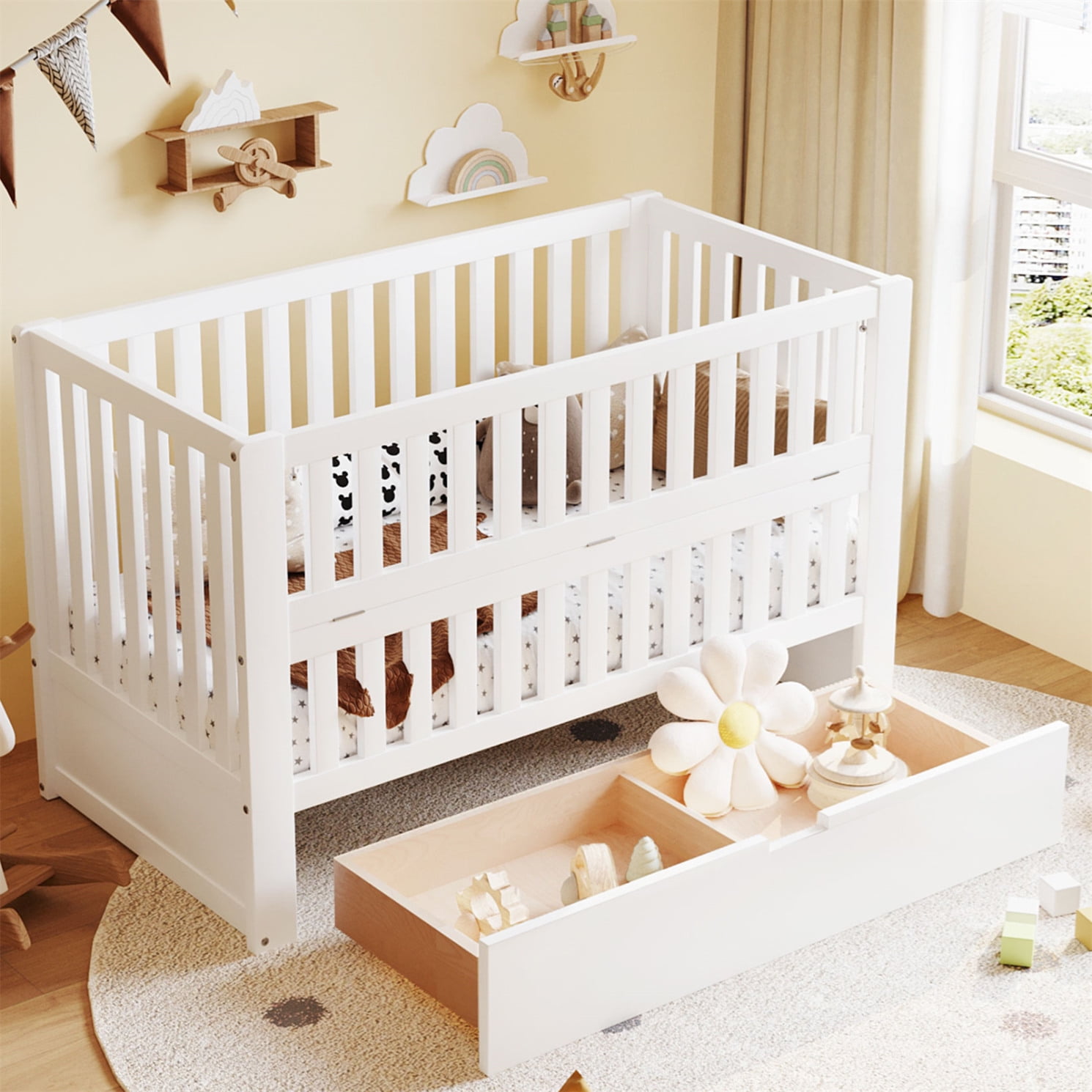 Crib, Cribs with Drawers and 3 Height Options, Full Size Bed Frame, Cribs Storage Bed Frame for