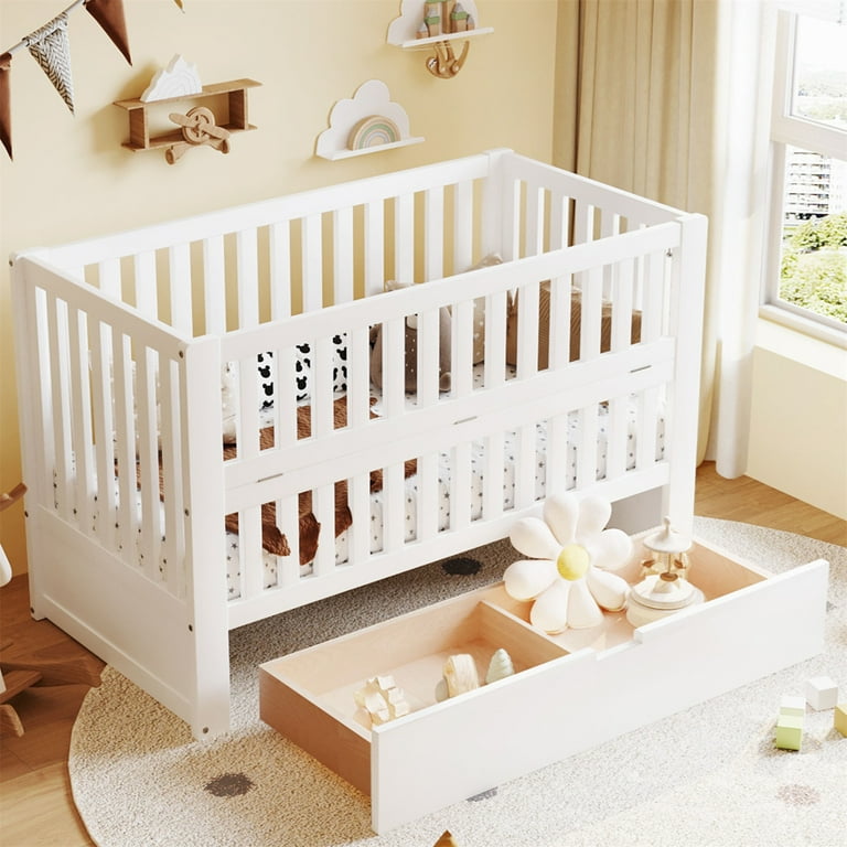 Crib Cribs with Drawers and 3 Height Options Full Size Bed Frame Cribs Storage Bed Frame for Bed Room Living Room Apartment White Walmart