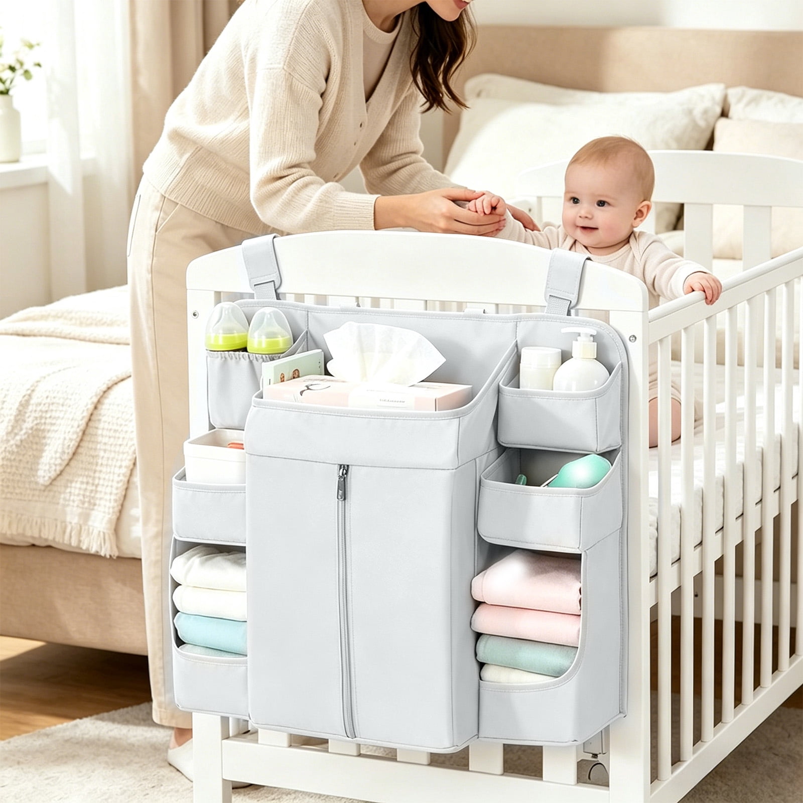 Crib Hanging Storage Bag, Large Capacity Layered Pockets, Waterproof Oxford Fabric, Drill Free Installation, Washable Nursery Organizer for Diaper Storage, Baby Essentials and Bedroom Tidying