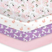 Little Grape Land Crib Sheets 4 Pack, Super Soft Breathable Crib Sheet Set for Girls, Pink Flowers/Elephant/Purple Unicorn/Solid Pink