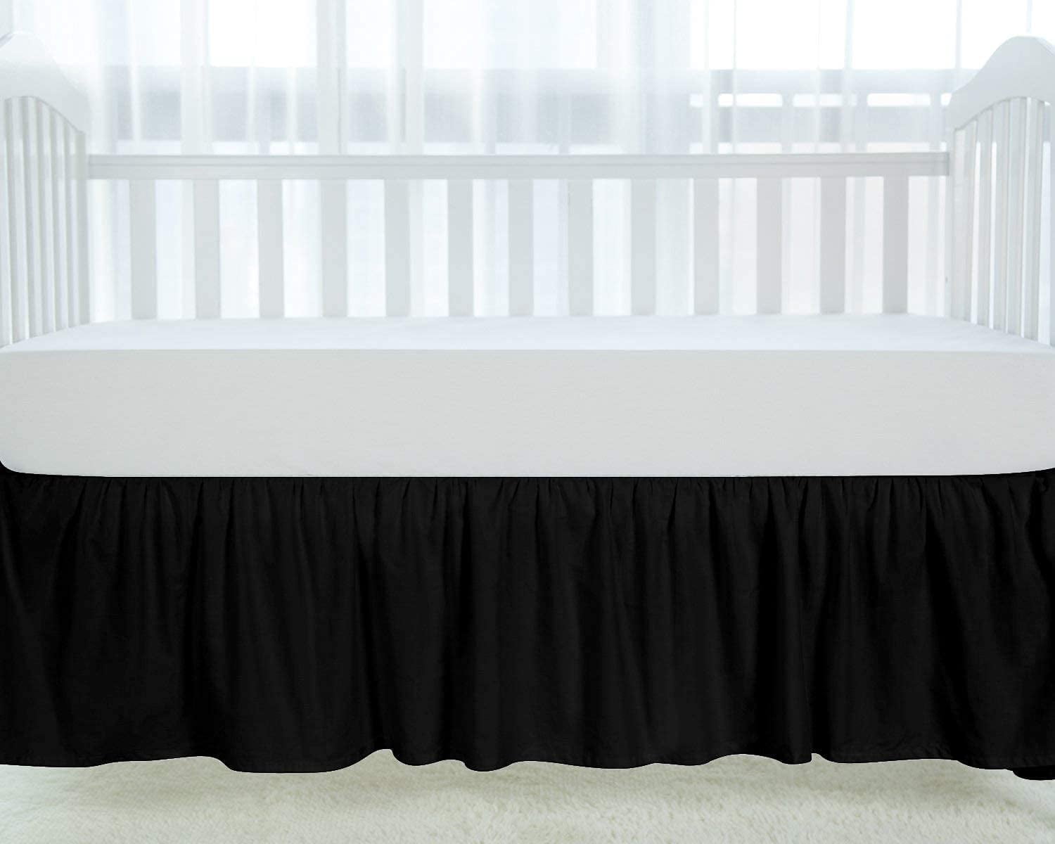 Crib Skirt Dust Ruffle, 100% Egyptian Cotton 800 Thread Count, Nursery Crib Toddler (28" x 52" x 14") Bedding Skirts for Baby Boys or Girls, 14" Drop, Black Solid