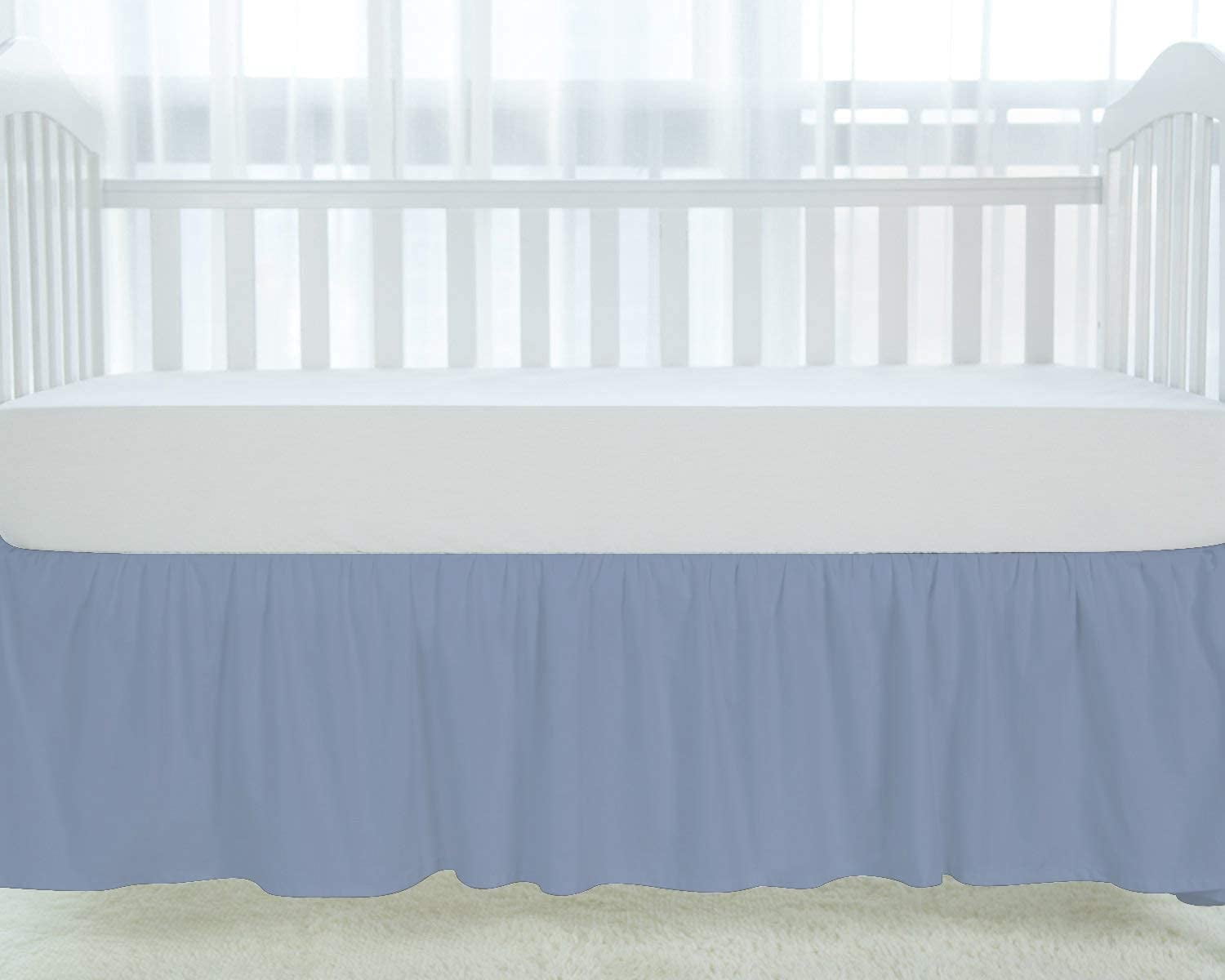 Crib Skirt Dust Ruffle, 100% Egyptian Cotton 800 Thread Count, Nursery Crib Toddler (28" x 52" x 14") Bedding Skirts for Baby Boys or Girls, 14" Drop, Light Blue Solid