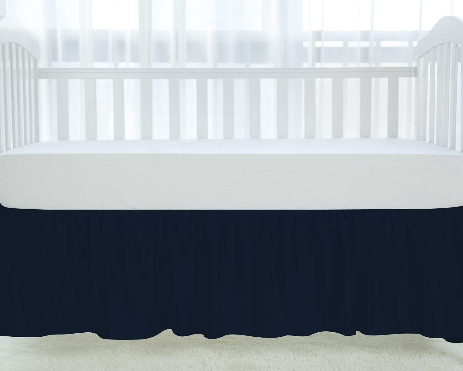 Crib Skirt Dust Ruffle, 100% Egyptian Cotton 800 Thread Count, Nursery Crib Toddler (28" x 52" x 14") Bedding Skirts for Baby Boys or Girls, 14" Drop, Navy Blue Solid