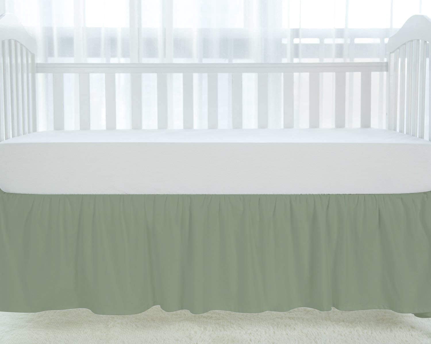 Crib Skirt Dust Ruffle, 100% Egyptian Cotton 800 Thread Count, Nursery Crib Toddler (28" x 52" x 14") Bedding Skirts for Baby Boys or Girls, 14" Drop, Sage Solid