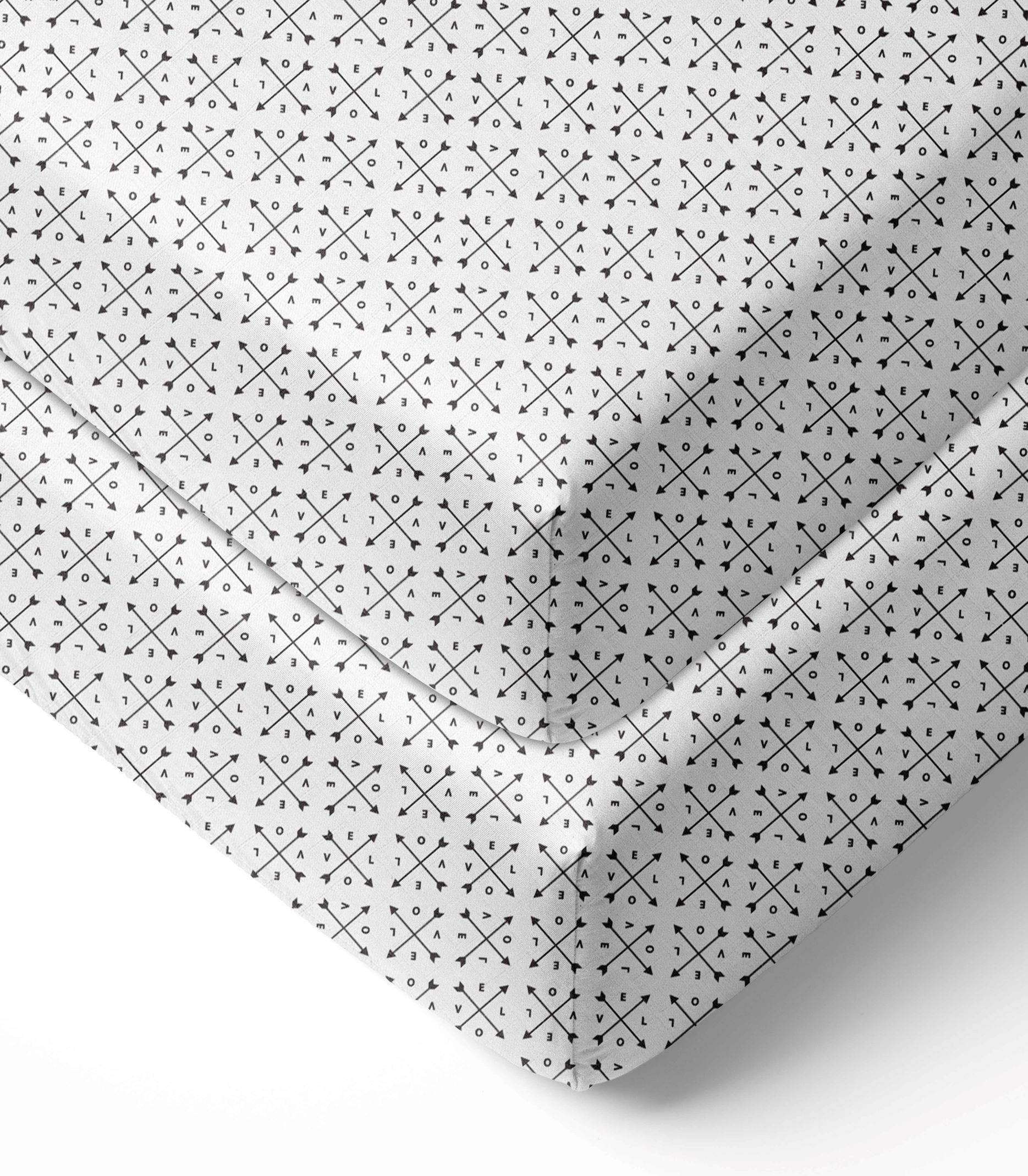 Crib or Toddler Bed Fitted Sheet 100% Cotton Muslin, Aztec Love Black