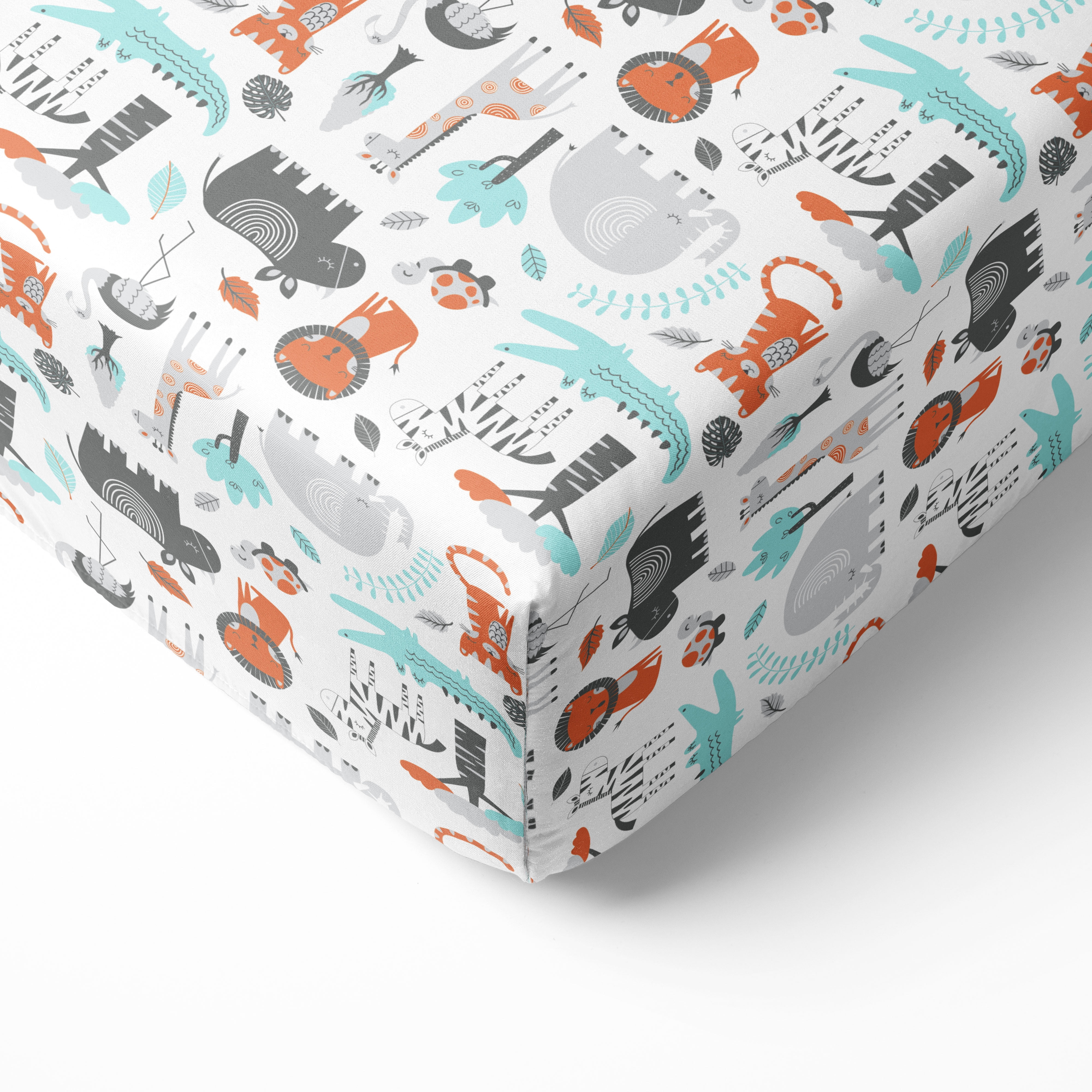 Crib or Toddler Bed Fitted Sheet 100% Cotton Percale, Safari Jungle Aqua/Orange/Grey