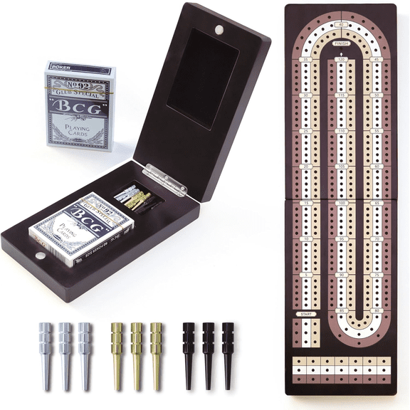 Cribbage Board Game Set - Wooden Foldable 3-Track Board with Magnetic Closure, 9