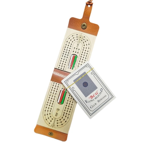 Cribbage Board Game Set with Foldable Wooden Board, 6 Playing Pegs & Cards, Portable Faux Leather Case