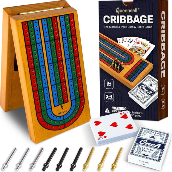 Cribbage Board Game Set with Storage - Classic Game Travel Cribbage Board with Wooden Card Storage for Adults & Kids - Ideal for Game Night