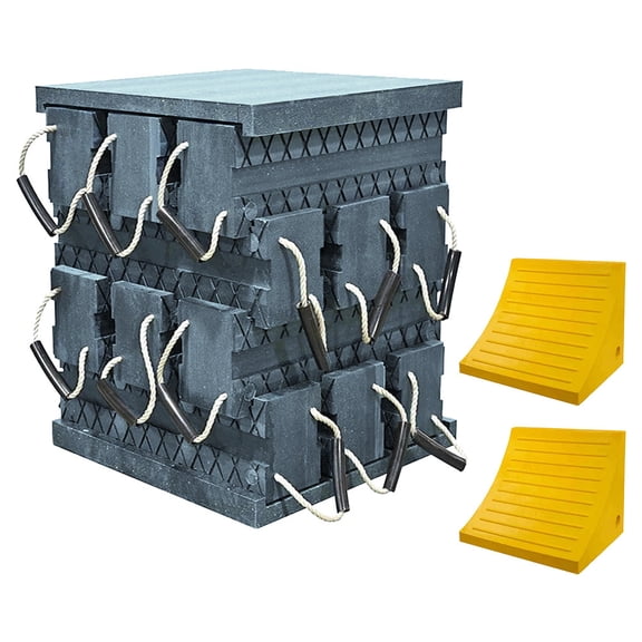 Cribbing Block & Wheel Chock Kit - 2Pc 2"x24"x24" Base Plate, 12Pc 6"x7"x24" Stacker & 2Pc 15" Polyurethane Medium Wheel Chock Non-Slip, High Load Capacity for Trucks & Trailers