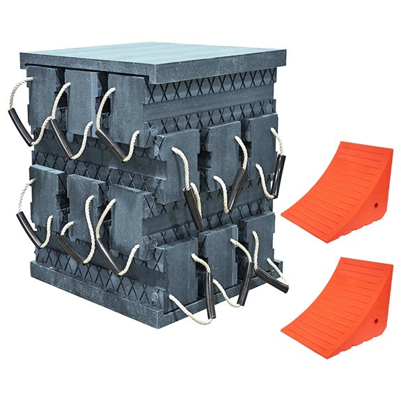 Cribbing Block & Wheel Chock Kit - 2Pc 2"x24"x24" Base Plate, 12Pc 6"x7"x24" Stacker & 2Pc 17.5" Polyurethane Large Wheel Chock Non-Slip, High Load Capacity for Trucks & Trailers