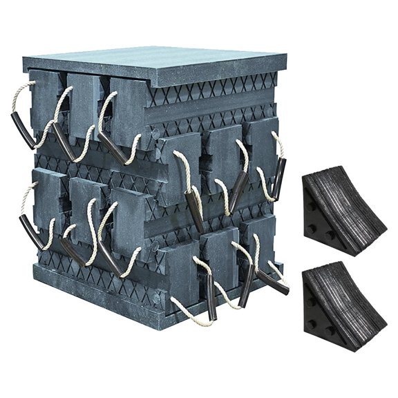 Cribbing Block & Wheel Chock Kit - 2Pc 2"x24"x24" Base Plate, 12Pc 6"x7"x24" Stacker & 2Pc 7" Rubber Small Wheel Chock Non-Slip, High Load Capacity for Trucks & Trailers