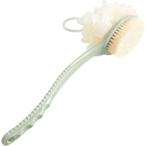 Cribun 1 PACK Back Scrubber Body Brush Loofah Dry Brushing Body Brush with handle for shower with Loofah, 2-in-1 Multifunction Bath Brush Mesh Sponge with Curved Handle for Men and Women (Green)