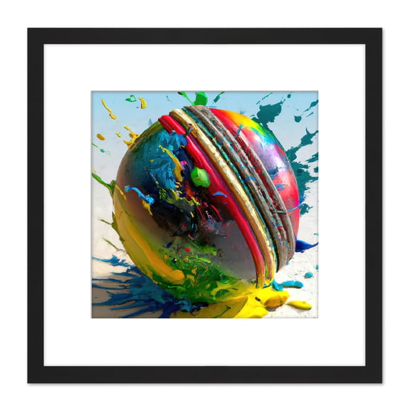 Cricket Ball Dynamic Paint Splatter Bright Action Painting Square Wooden Framed Wall Art Print Picture 8X8 Inch