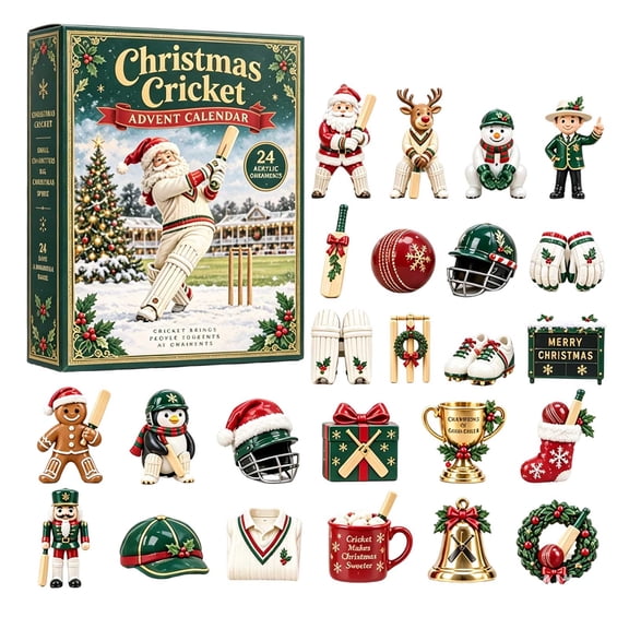 Cricket Cheer Advent Calendar, 24-Day Countdown with 24 Assorted 2D Acrylic Ornaments for Christmas Gifts and Sports Decor