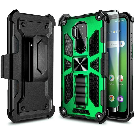 Cricket Influence Phone Case, AT&T Maestro Plus (V350U) Case with Tempered Glass Screen Protector (Full Coverage), Nagebee Belt Clip Holster Kickstand, Full-Body Shockproof Military-Grade Case (Green)