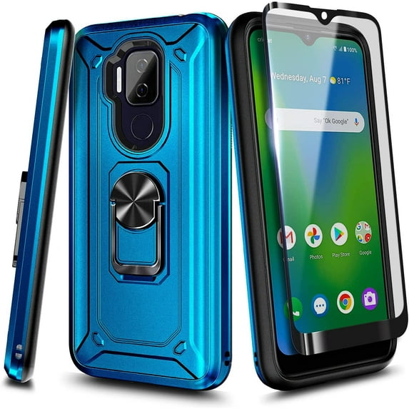 Cricket Influence Phone Case, AT&T Maestro Plus (V350U) Case with Tempered Glass Screen Protector (Full Coverage), Nagebee Full Body Shockproof Metal Magnetic Ring Stand Car Mount Holder Case (Blue)