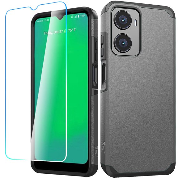 Cricket Magic 2 5G 2024 Tough Strong Protection Shock Absorption Hybrid Dual Layer Hard PC TPU Rubber with Screen Protector Tempered Glass Phone Case Cover - Gray