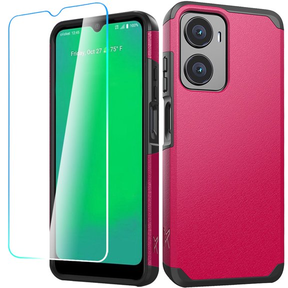 Cricket Magic 2 5G 2024 Tough Strong Protection Shock Absorption Hybrid Dual Layer Hard PC TPU Rubber with Screen Protector Tempered Glass Phone Case Cover - Hot Pink