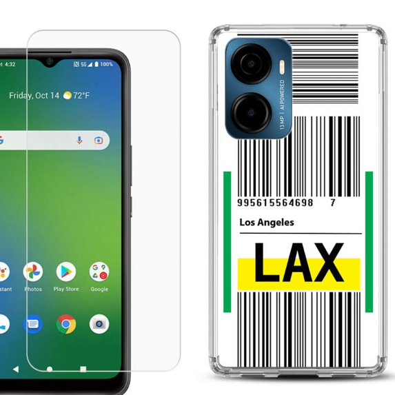 For Cricket Magic 2 5G Phone Case Cover, Shockproof Bumper Hybrid Case with Tempered Glass Screen Protector, by OneToughShield - Airport Tag / Los Angeles