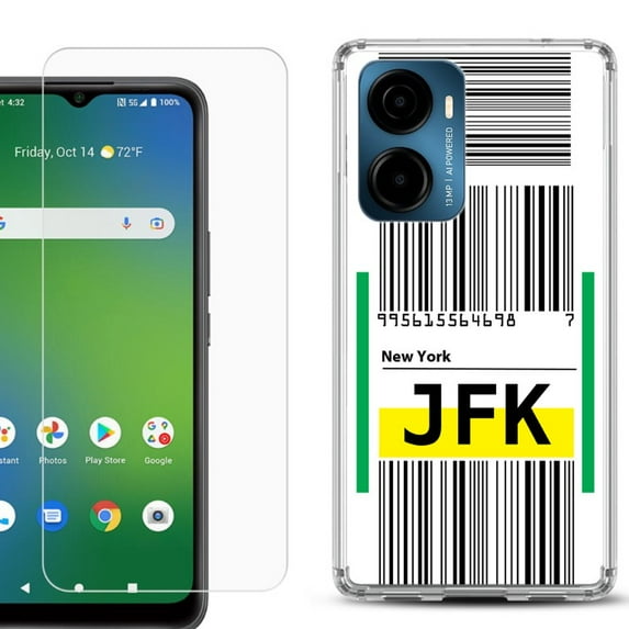 For Cricket Magic 2 5G Phone Case Cover, Shockproof Bumper Hybrid Case with Tempered Glass Screen Protector, by OneToughShield - Airport Tag / New York