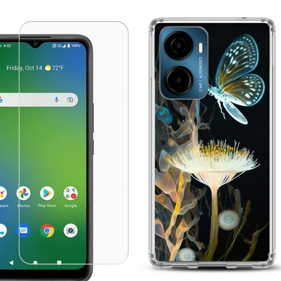 For Cricket Magic 2 5G Phone Case Cover, Shockproof Bumper Hybrid Case with Tempered Glass Screen Protector, by OneToughShield - Butterfly Translucent