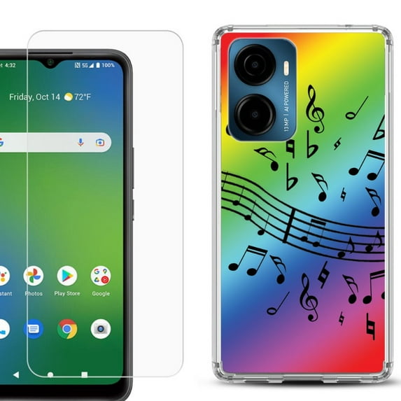 For Cricket Magic 2 5G Phone Case Cover, Shockproof Bumper Hybrid Case with Tempered Glass Screen Protector, by OneToughShield - Music Notes / Rainbow