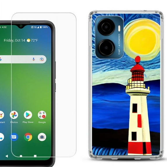 For Cricket Magic 2 5G Phone Case Cover, Shockproof Bumper Hybrid Case with Tempered Glass Screen Protector, by OneToughShield - Starry Night Lighthouse